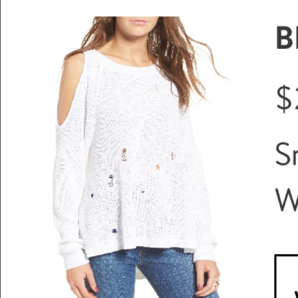 BP cold shoulder white pullover sweater destroyed